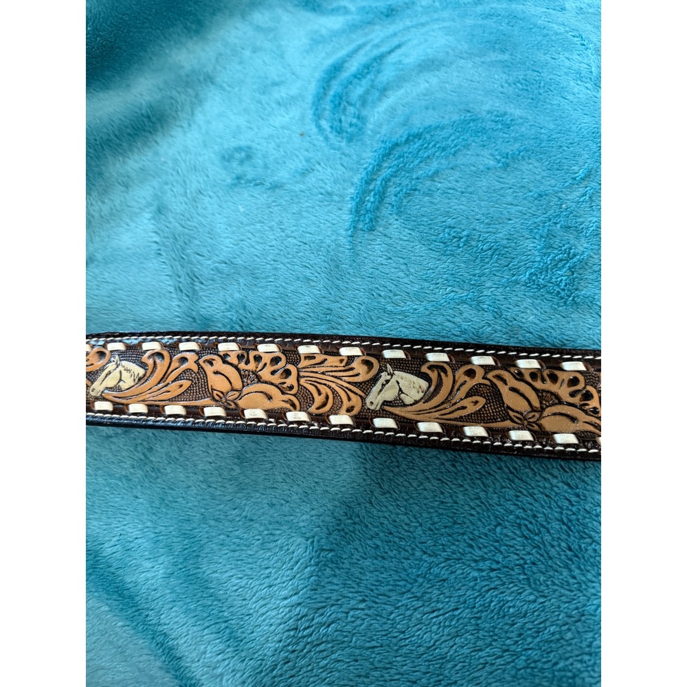 Ranch Pal Mens 36 Western Tooled Leather Belt Horse Floral Whipstitch Brown 8529